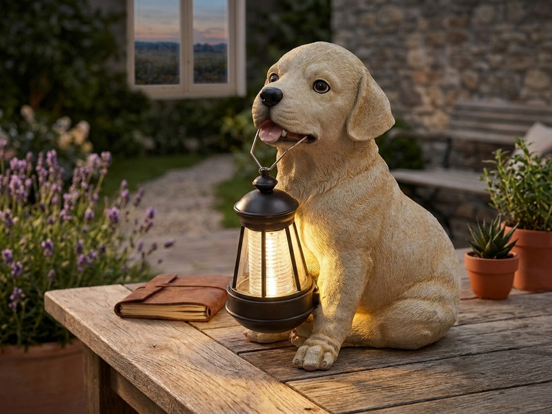 LED Deko Solarleuchte Hundelampe Welpe mit Laterne in Beige-Weiß, Höhe 26cm