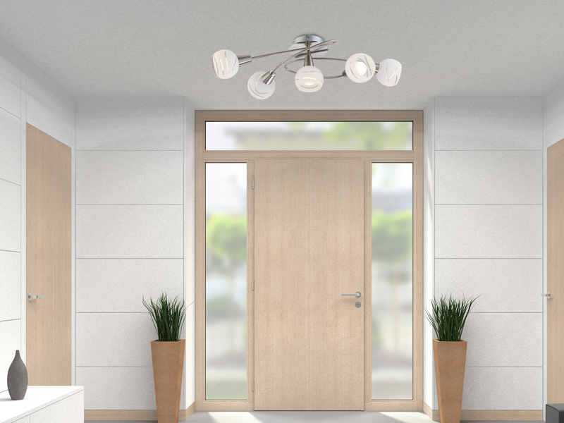 LED Deckenleuchte ELLIOTT 5-flammig, Glasschirme satiniert, Breite 62,4cm