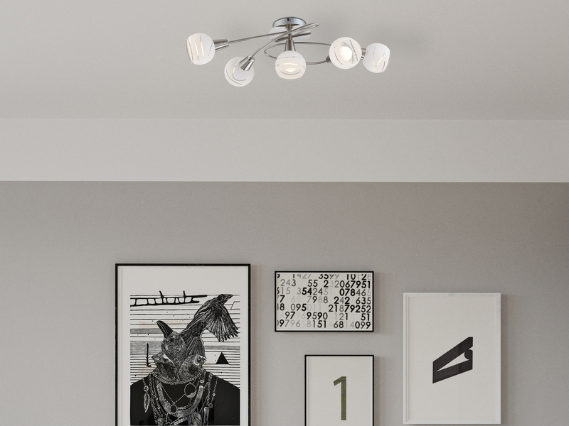 LED Deckenleuchte ELLIOTT 5-flammig, Glasschirme satiniert, Breite 62,4cm