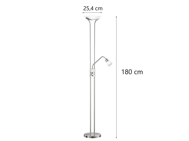 LED Deckenfluter SANTO II dimmbar mit Leselampe in Silber, Höhe 180cm