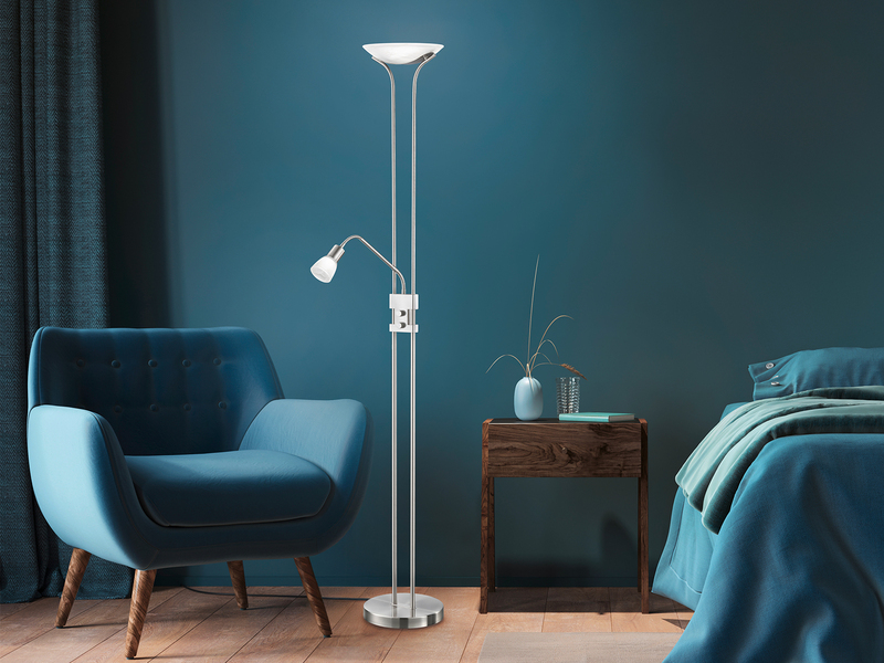 LED Deckenfluter SANTO II dimmbar mit Leselampe in Silber, Höhe 180cm