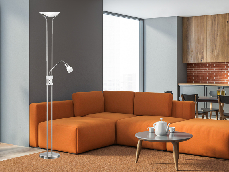 LED Deckenfluter SANTO II dimmbar mit Leselampe in Silber, Höhe 180cm