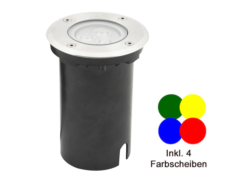 LED Bodeneinbaustrahler mit 4 Farbscheiben, Ø 11 cm, Edelstahl, IP67