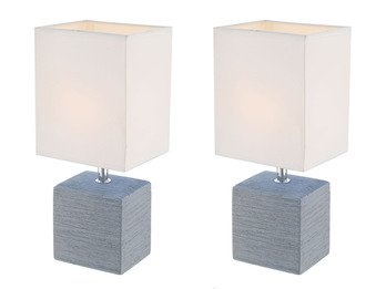 2er Set Tischleuchten GERI Fuß Keramik Grau mit Stoffschirm Weiß, Höhe 29cm