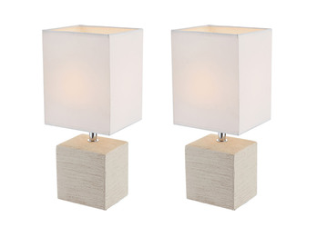 2er Set Tischleuchten GERI Fuß Keramik Beige & Stoffschirm Weiß, Höhe 29cm