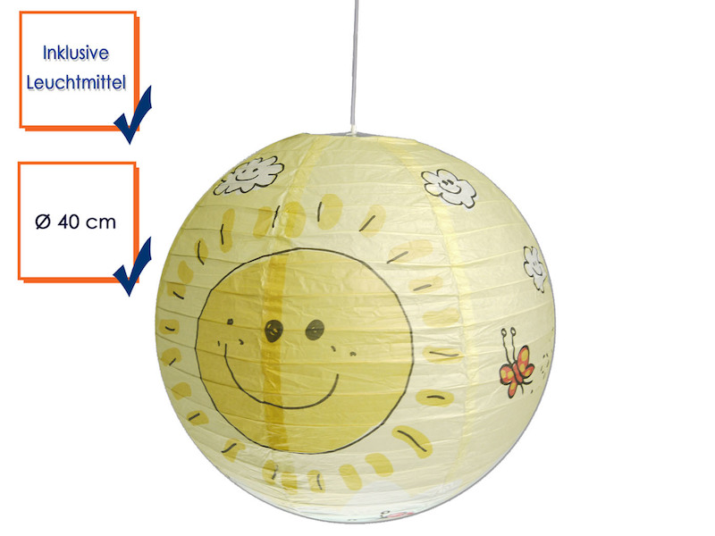 Kinder Papierlampe SONNEN Motiv Lampenschirm Ø40cm mit Aufhängung & LED Licht