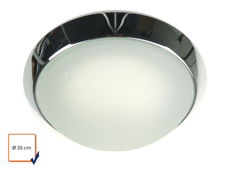 Deckenleuchte rund, Glas Weiß mit Klarrand, Dekorring Chrom, Ø 25cm