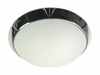 Deckenleuchte rund, Glas Weiß mit Klarrand, Dekorring Chrom, Ø 25cm