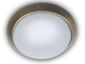 Deckenleuchte, Glas Weiß mit Klarrand, Dekorring Altmessing, Ø 25cm