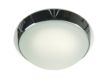 Deckenleuchte rund, Glas satiniert mit Klarrand, Dekorring Chrom, Ø 40cm