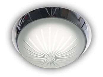 Deckenleuchte rund, Schliffglas Weiß, Dekorring Chrom, Ø 25cm