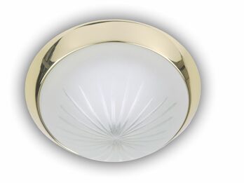 Deckenleuchte rund, Schliffglas Weiß, Dekorring Messing poliert, Ø 25cm