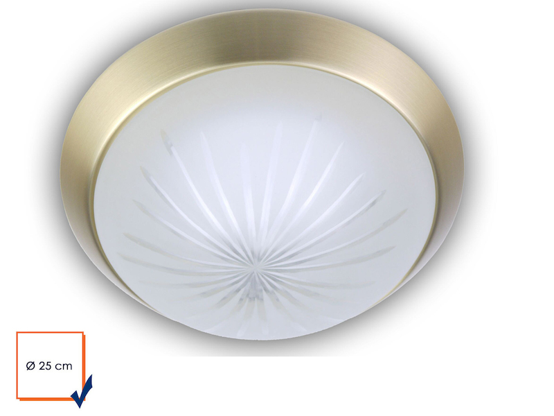 Deckenleuchte rund, Schliffglas Weiß, Dekorring Messing matt, Ø 25cm