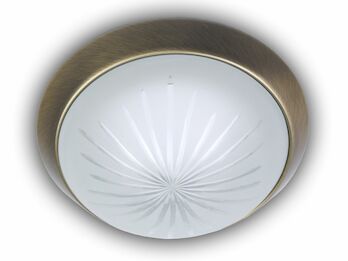 Deckenleuchte rund, Schliffglas Weiß, Dekorring Altmessing, Ø 25cm