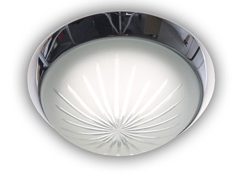 Deckenleuchte rund, Schliffglas Weiß, Dekorring Chrom, Ø 35cm