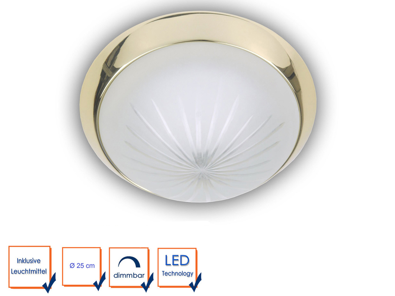 LED-Deckenleuchte rund, Schliffglas satiniert, Dekorring Messing poliert, Ø 25cm