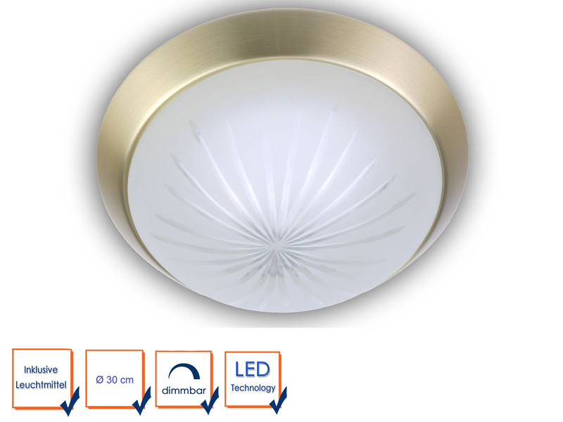 LED-Deckenleuchte rund, Schliffglas satiniert, Dekorring Messing matt, Ø 30cm