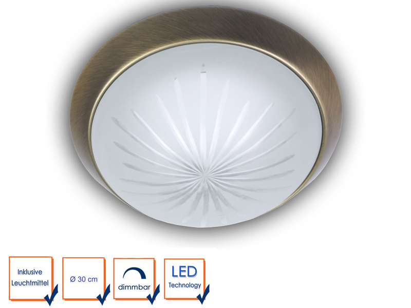 LED-Deckenleuchte rund, Schliffglas satiniert, Dekorring Altmessing, Ø 30cm