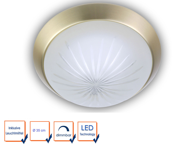 LED-Deckenleuchte rund, Schliffglas satiniert, Dekorring Messing matt, Ø 35cm