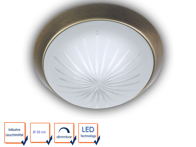 LED-Deckenleuchte rund, Schliffglas satiniert, Dekorring Altmessing, Ø 35cm