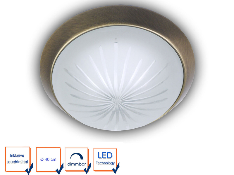 LED-Deckenleuchte rund, Schliffglas satiniert, Dekorring Altmessing, Ø 40cm
