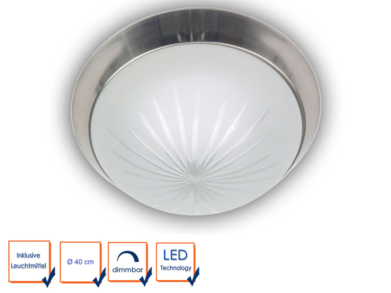 LED-Deckenleuchte rund, Schliffglas satiniert, Dekorring Nickel matt, Ø 40cm
