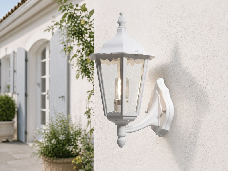 Große Außenwandleuchte Laterne stehend aus Aluminium Weiß, Höhe 44cm
