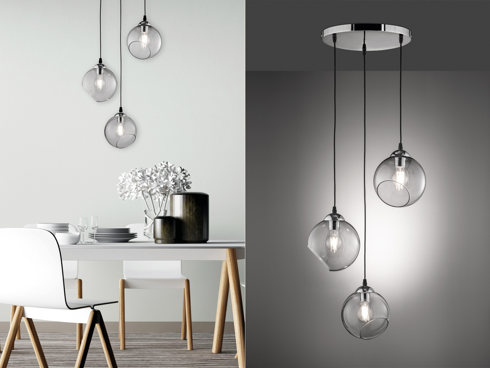 Pendelleuchten Rauchglas Kugel 1 & mehrflammig für Esszimmer über ESSTISCHlampen