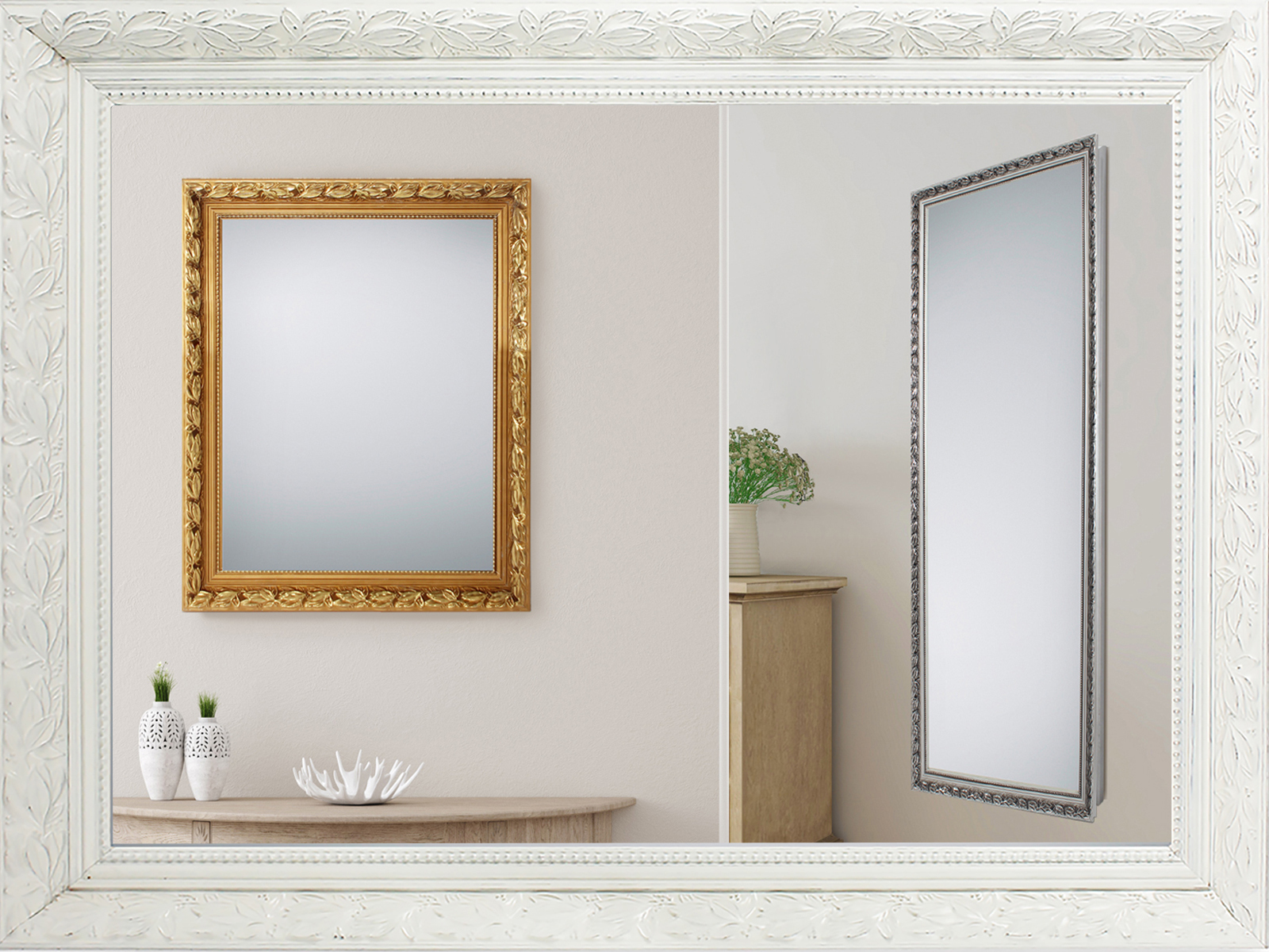 Barock Wandspiegel TANJA Holzrahmen Weiß/Gold/Silber/Schwarz 50x150cm & 55x70cm