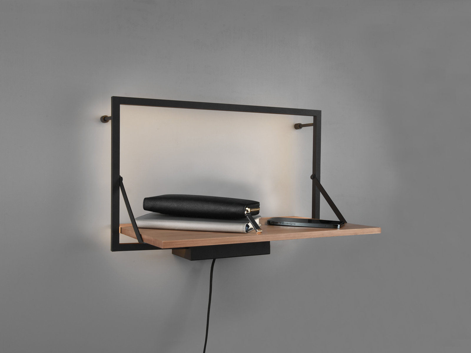 Ausgefallene Wandregale Metall Schwarz mit Regalbrett aus Holz & LED Beleuchtung - Bild 14 von 15