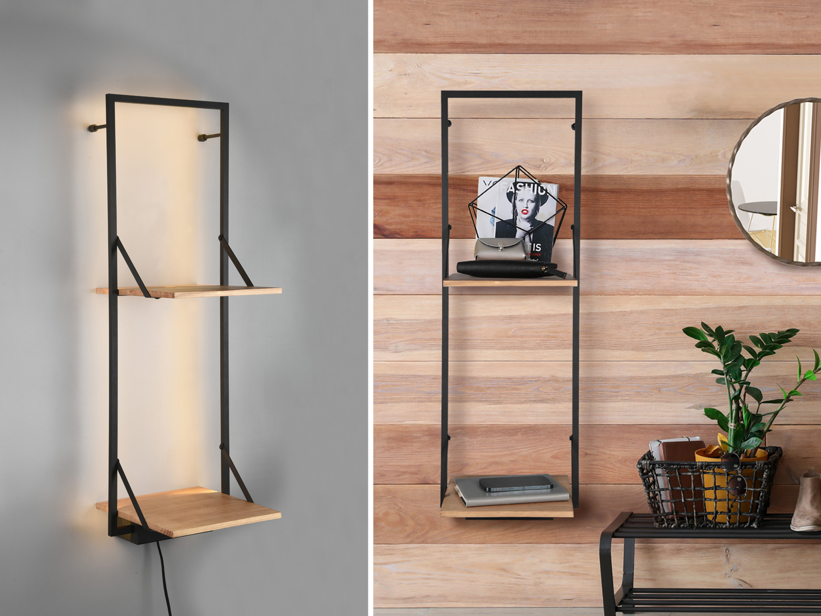 Ausgefallene Wandregale Metall Schwarz mit Regalbrett aus Holz & LED Beleuchtung - Bild 13 von 15