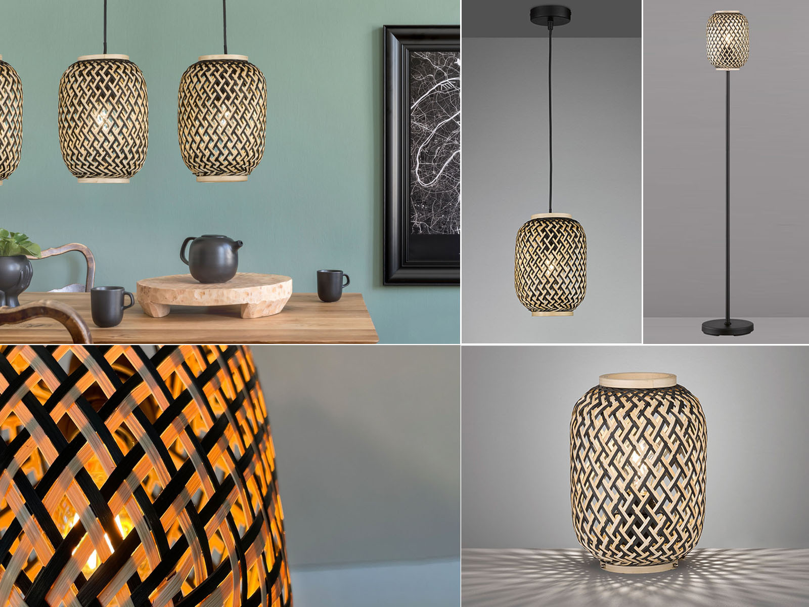 Design Leuchtenserie HUMMEL mit Lampenschirmen aus Bambus Korbgeflecht