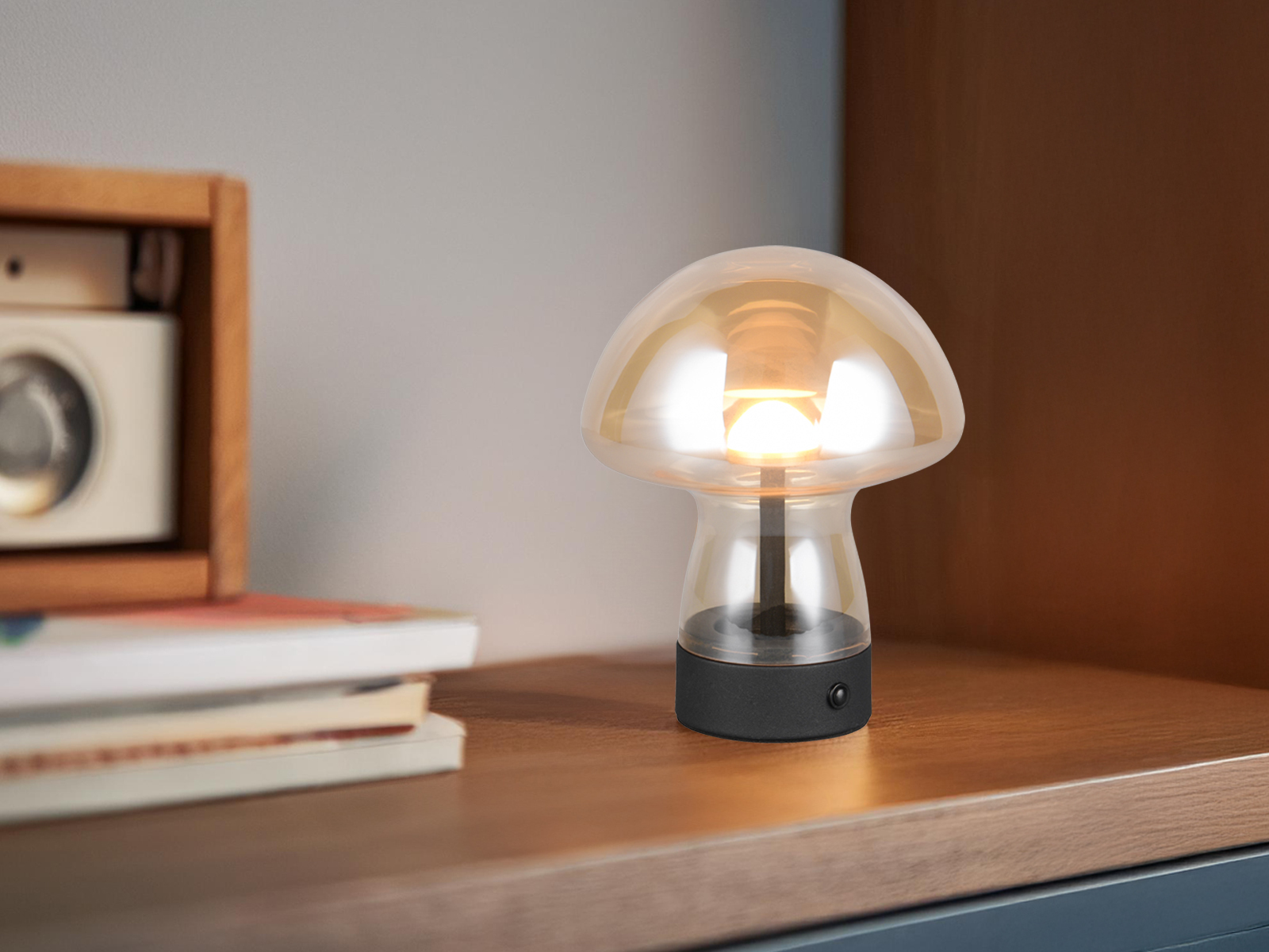 Akku LED Tischleuchte kabellos ohne Stromanschluss, ausgefallene Glas Pilzlampe - Bild 12 von 15